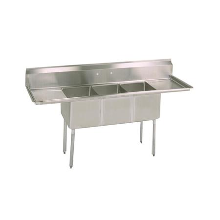 BK RESOURCES 23.8125 in W x 90 in L x Free Standing, Stainless Steel, Three Compartment Economy Sink ES-3-18-12-18T